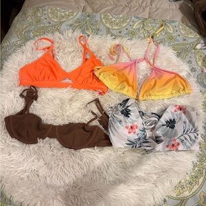 4 Bikini Tops Bundle - Orange, Yellow-Pink Ombre, Brown, Floral
